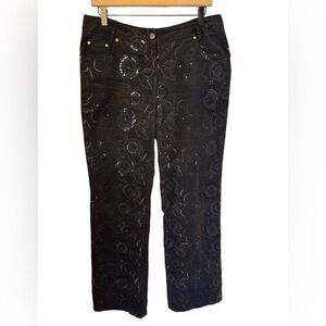 Mondo Canada Women’s Sequin Embroidered Black Straight Leg Corduroy Pants Sz 10